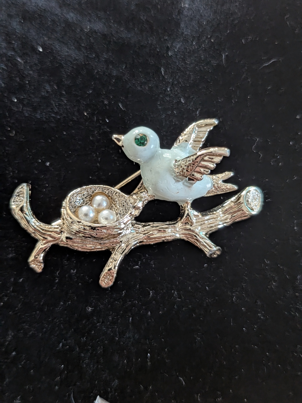Gerry's VTG Gold Bird on Branch Brooch with White Enamel and Pearl Eggs